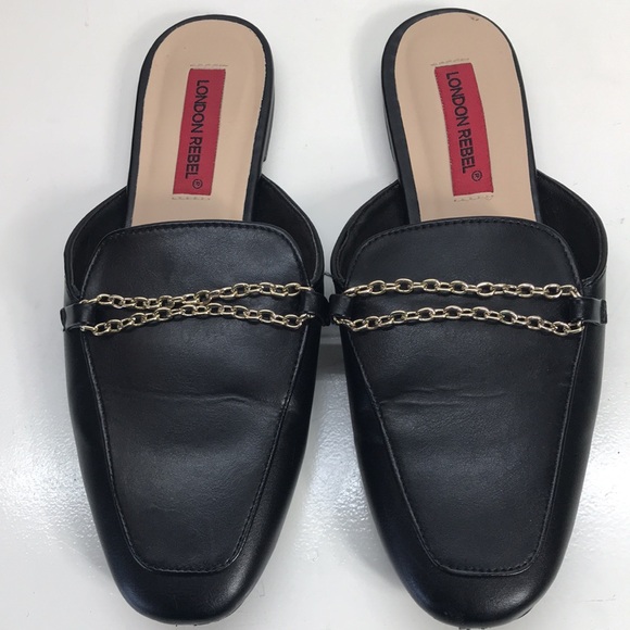 London Rebel Black Loafer SlipOns with Metal Chain European Size 37 US Size 6 - Picture 2 of 8